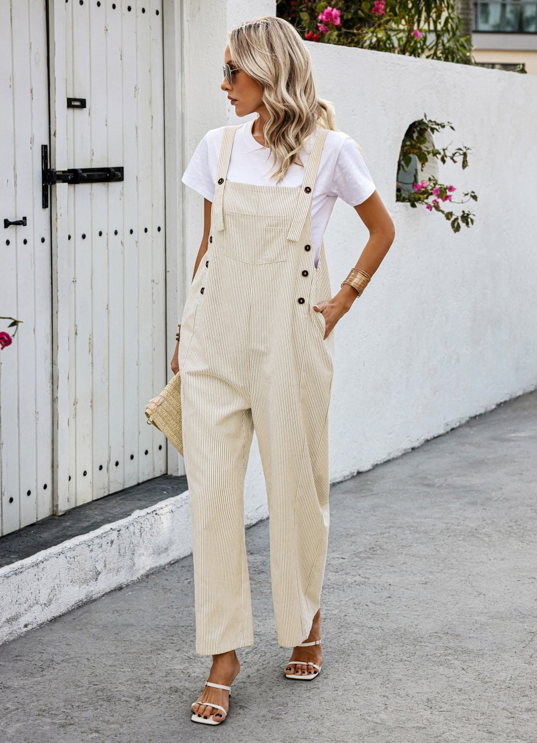 Khaki Striped Dungaree Style Jumpsuit