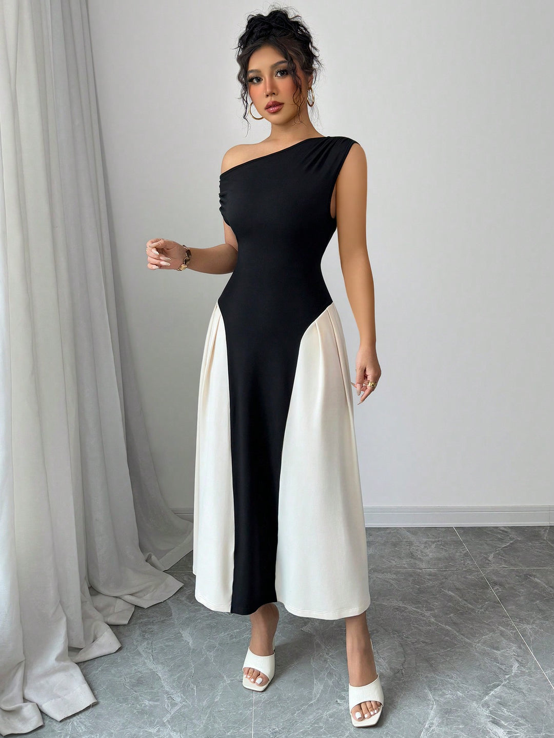 Black One Shoulder Colour Block Dress