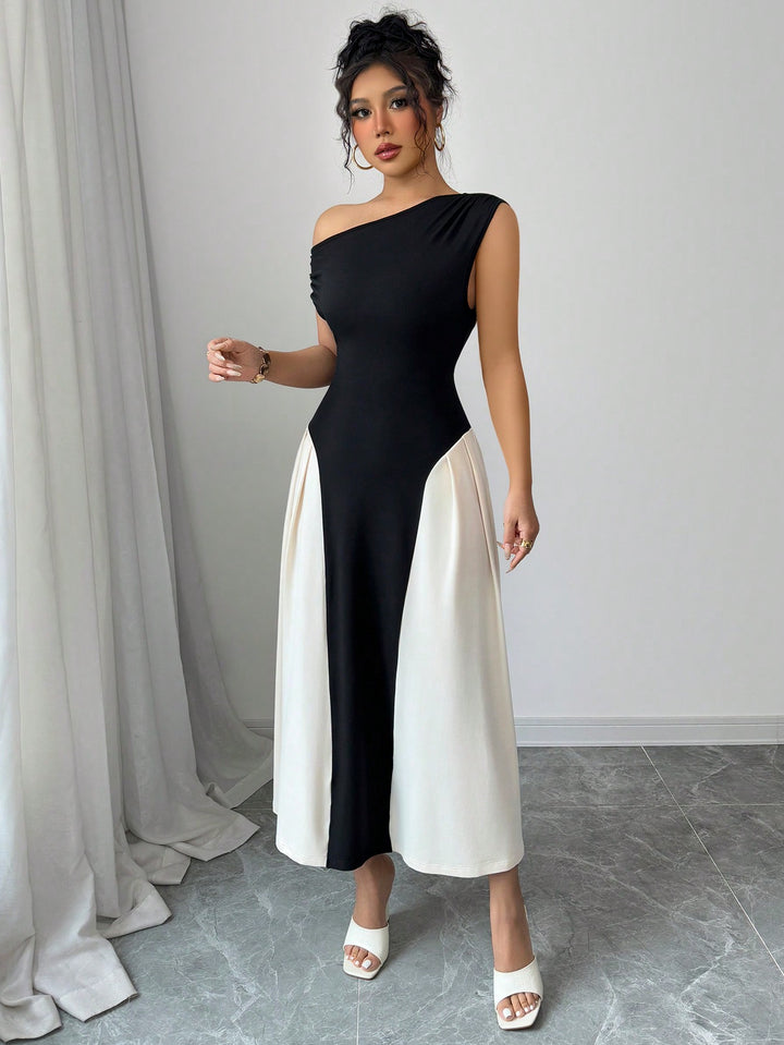 Black One Shoulder Colour Block Dress