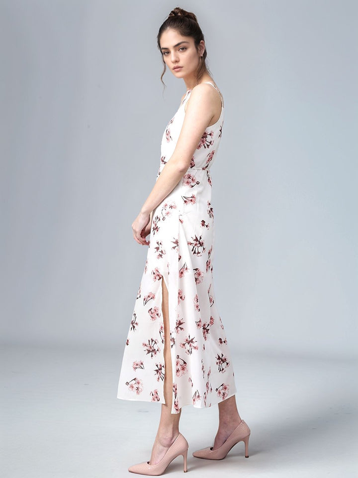 Pink Sleeveless Printed Crew Neck Dress