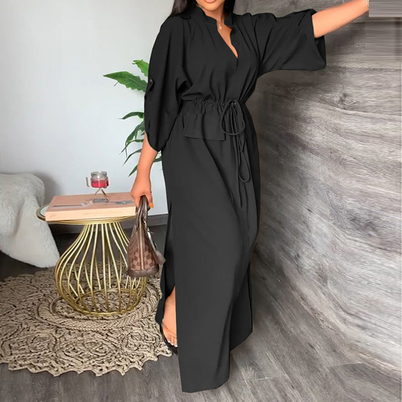 Black Mandarin Collared Waist Cinched Dress
