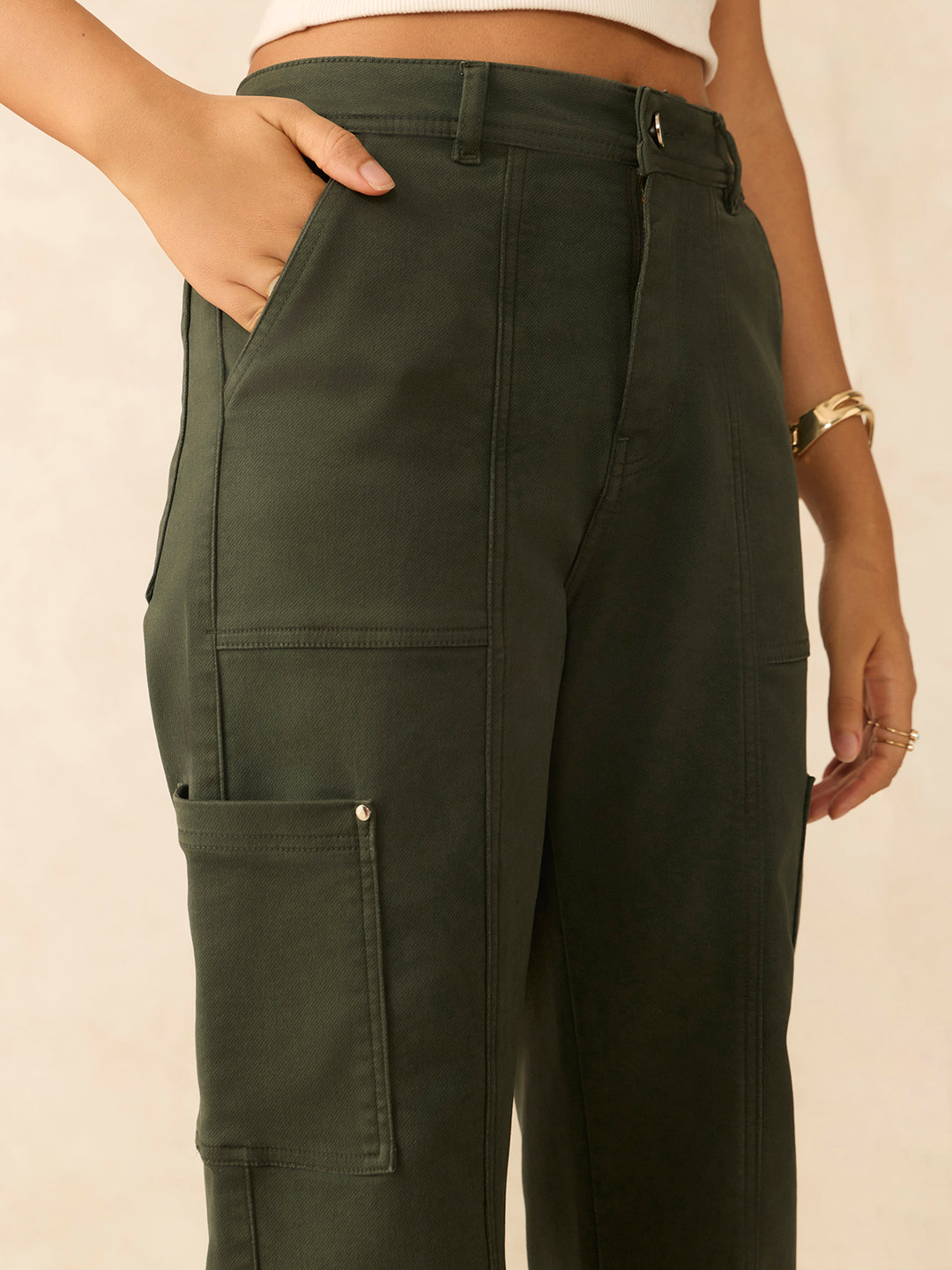 Olive Cargo Style Straight Fit Jeans Pants