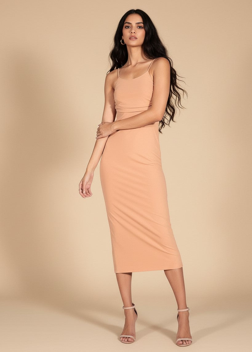 Beige Spaghetti Strap Round Neck Side Slit Dress