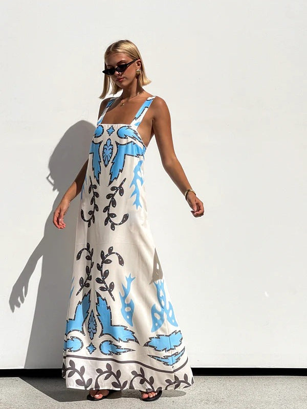 Light Blue Shoulder Strap Abstract Printed Dress
