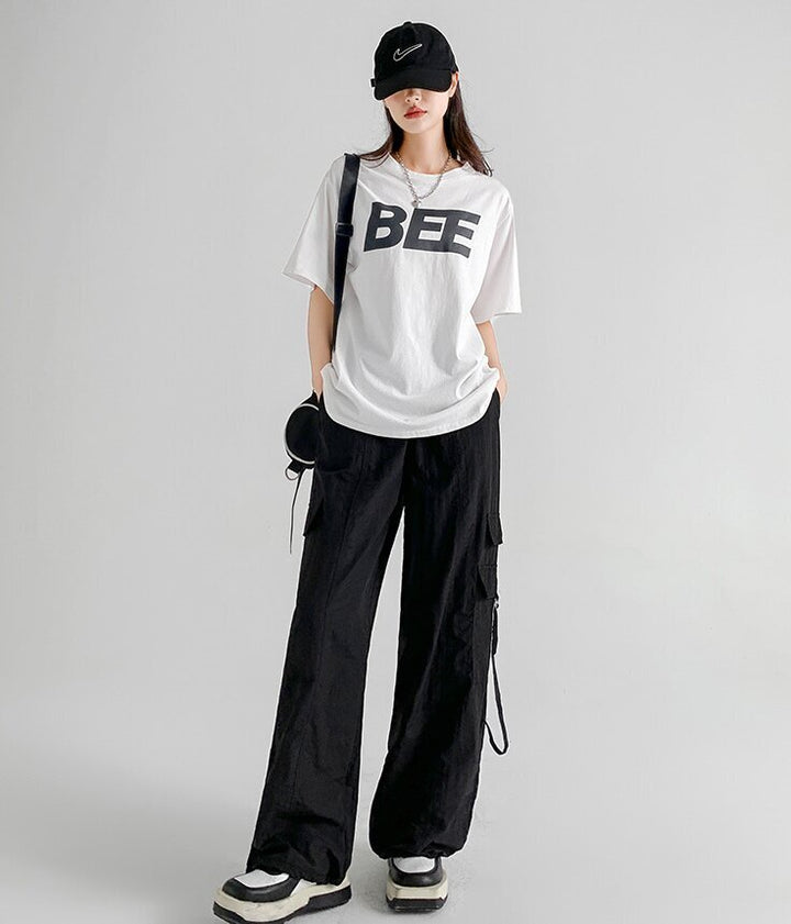 Black Straight Fit Drawstring Parachute Cargo Pants