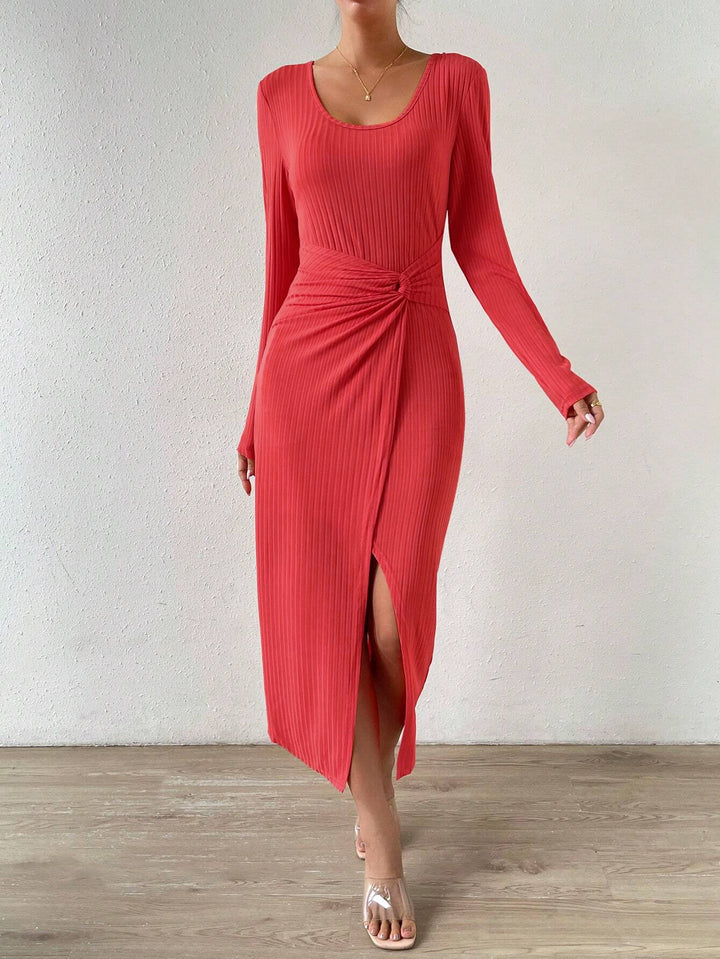Red Plunge Neck Everyday Dress