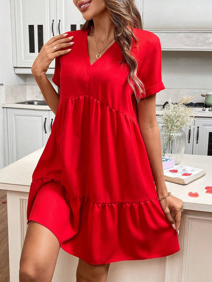 Red V Neck Tiered Dress