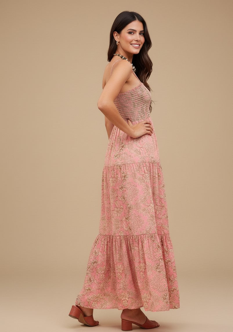 Pink Spaghetti Strap Printed Dress
