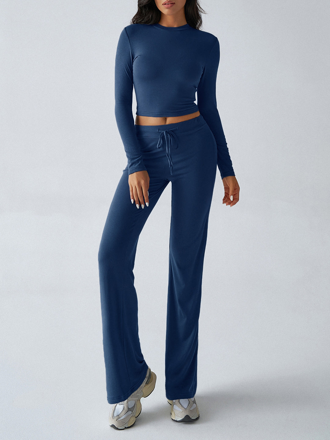Navy Blue Solid Fitted Top And Pant Co-Ord Set
