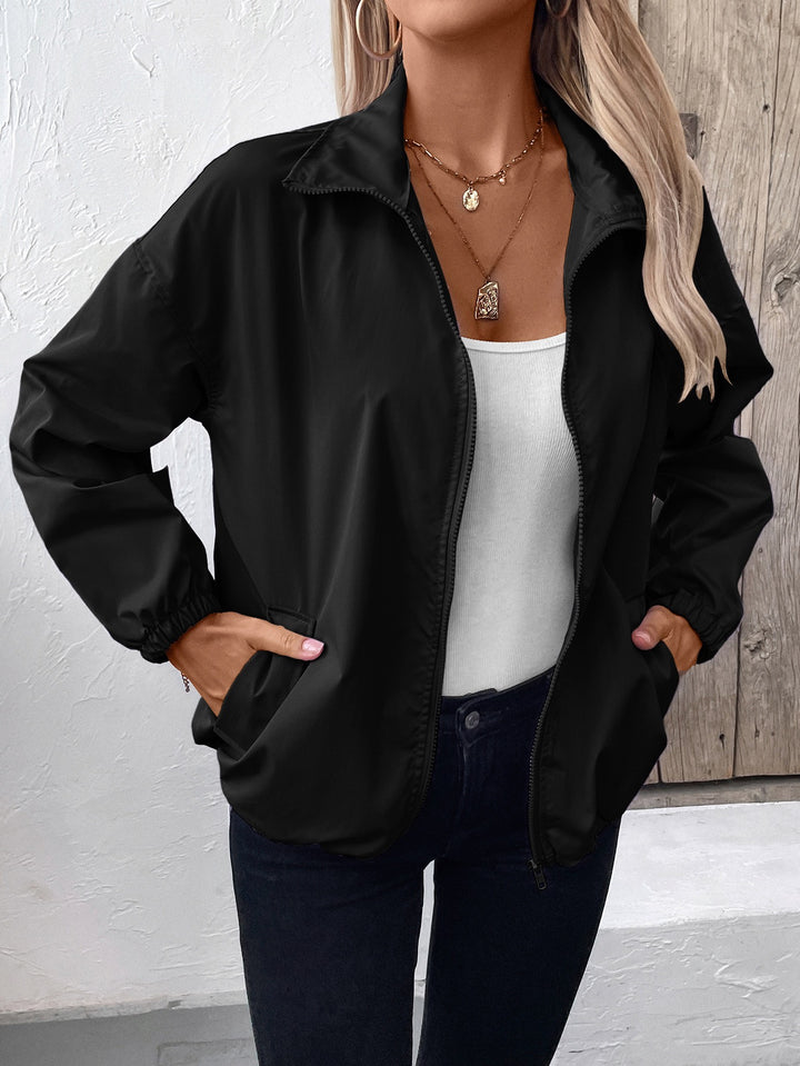Black Collar Drawstring Waterproof Jacket