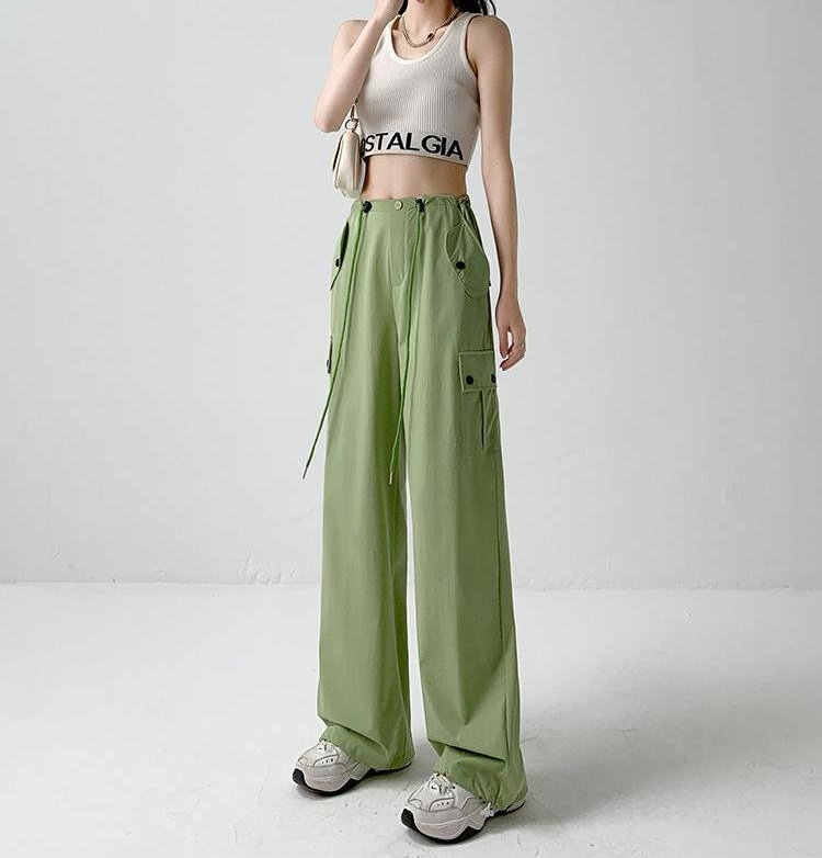 Olive Elastic Cargo Pants With Drawstring