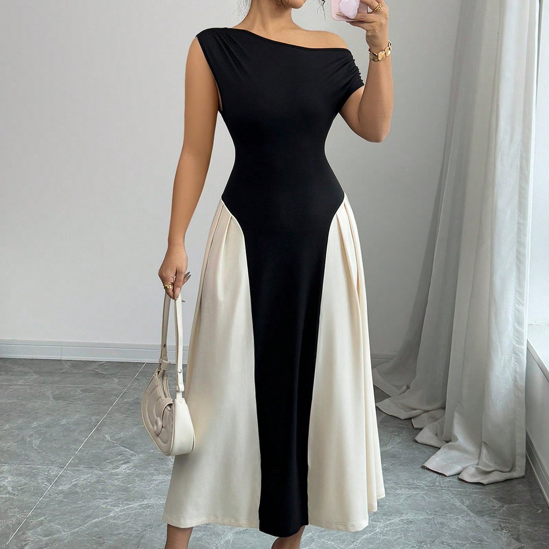 Black One Shoulder Colour Block Dress