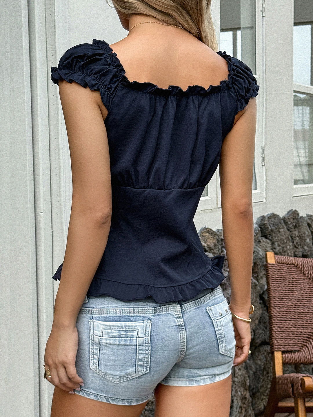 Navy Blue Off Shoulder Front Button Pleated Top