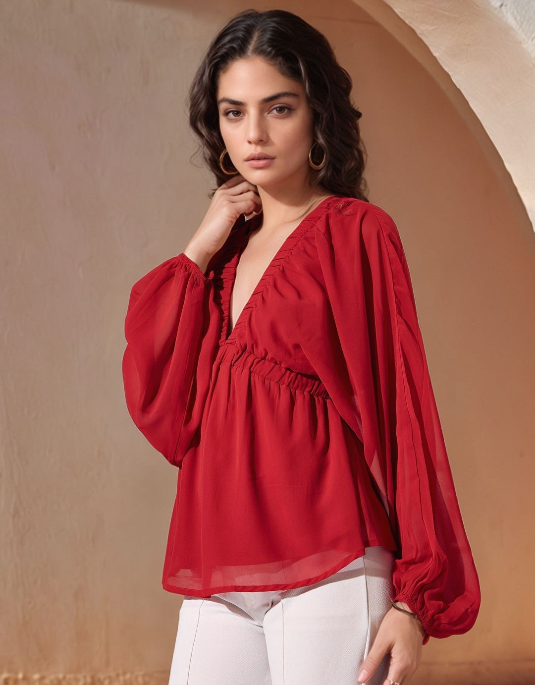Red Balloon Sleeve V Neck Top
