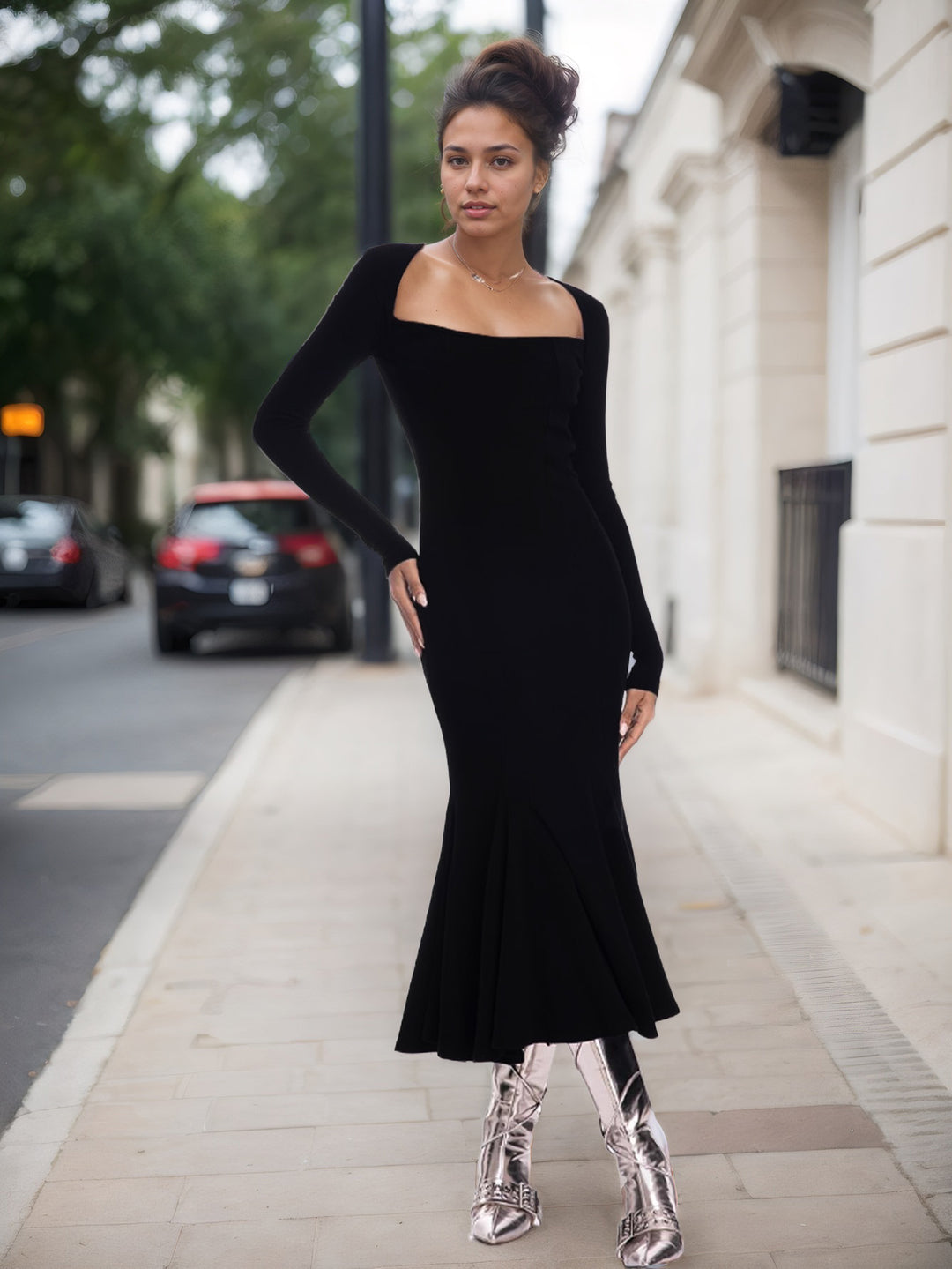 Black Full Sleeve Square Neck Dress