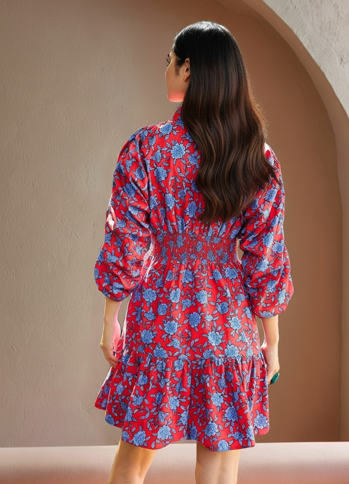 Red Printed Collared Neck Dress