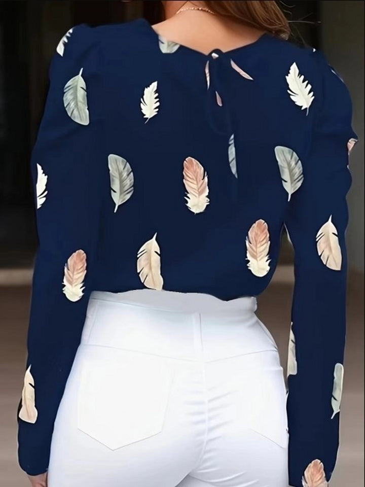 Navy Blue Printed Puff Sleeves Top