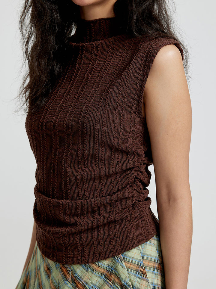 Brown Textured Knit Top With Side Ruching