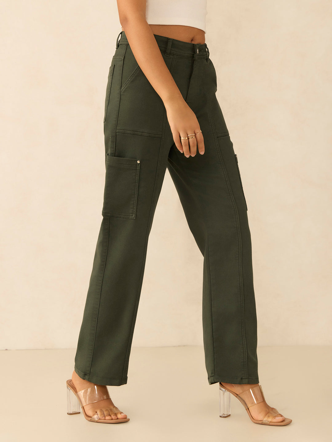 Olive Cargo Style Straight Fit Jeans Pants