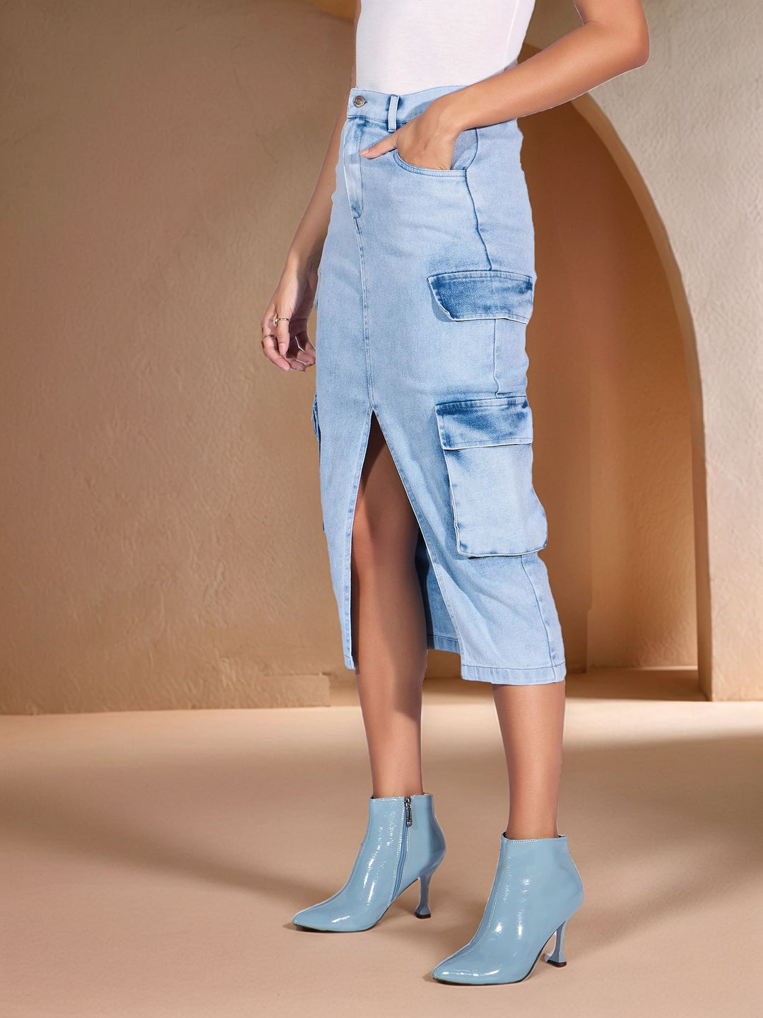 Blue High Waist Front Slit Denim Skirt