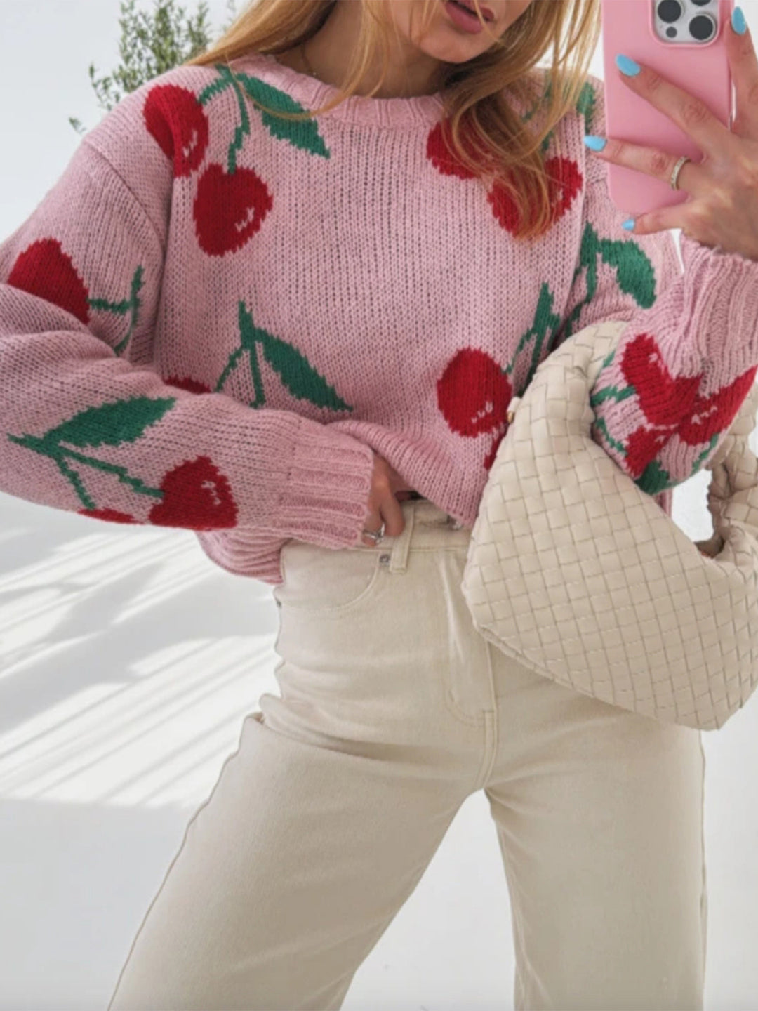 Pink Full Sleeves Printed Relaxed Sweaters