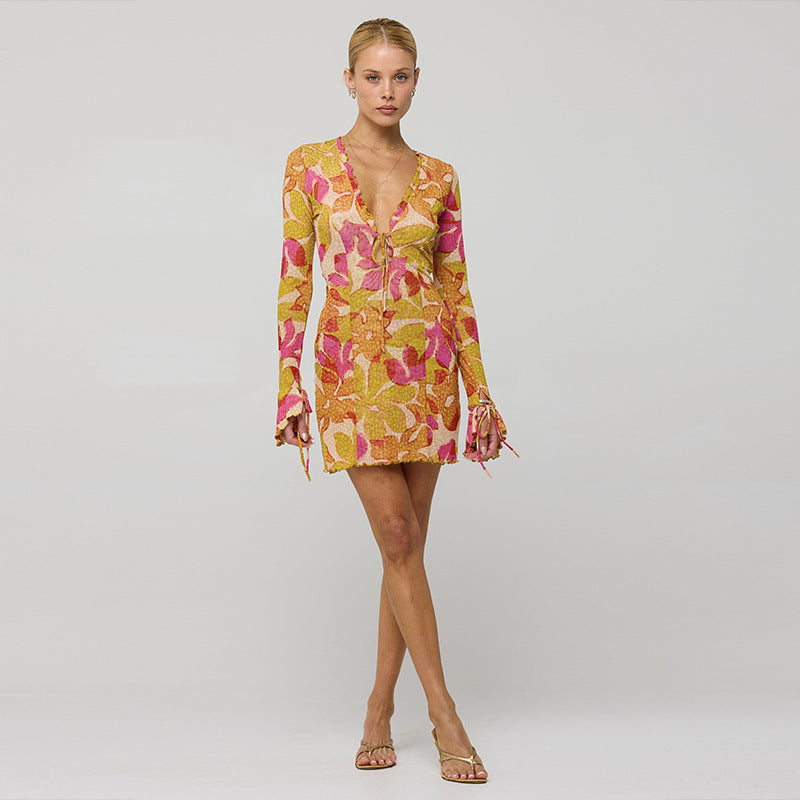 Orange Printed Plunge Neck Mini Dress