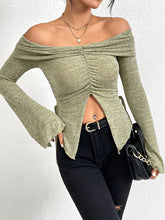 Green Off-Shoulder V Notch Hem Top