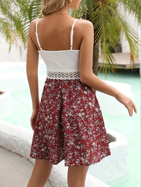 Maroon Contrast Lace Detail Floral Dress
