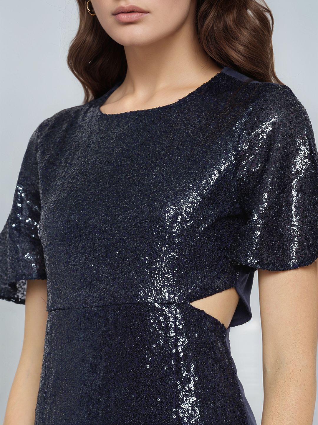 Navy Blue Short Sleeve Sequin Style Dress