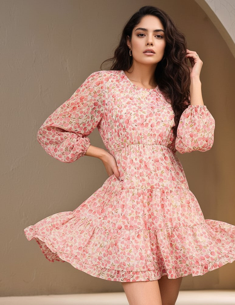 Peach Bishop Sleeve Round Neck Printed Dress