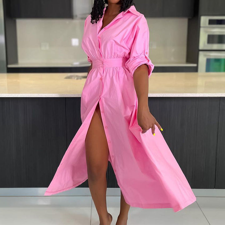 Pink Sinched Waist Shirt Dress