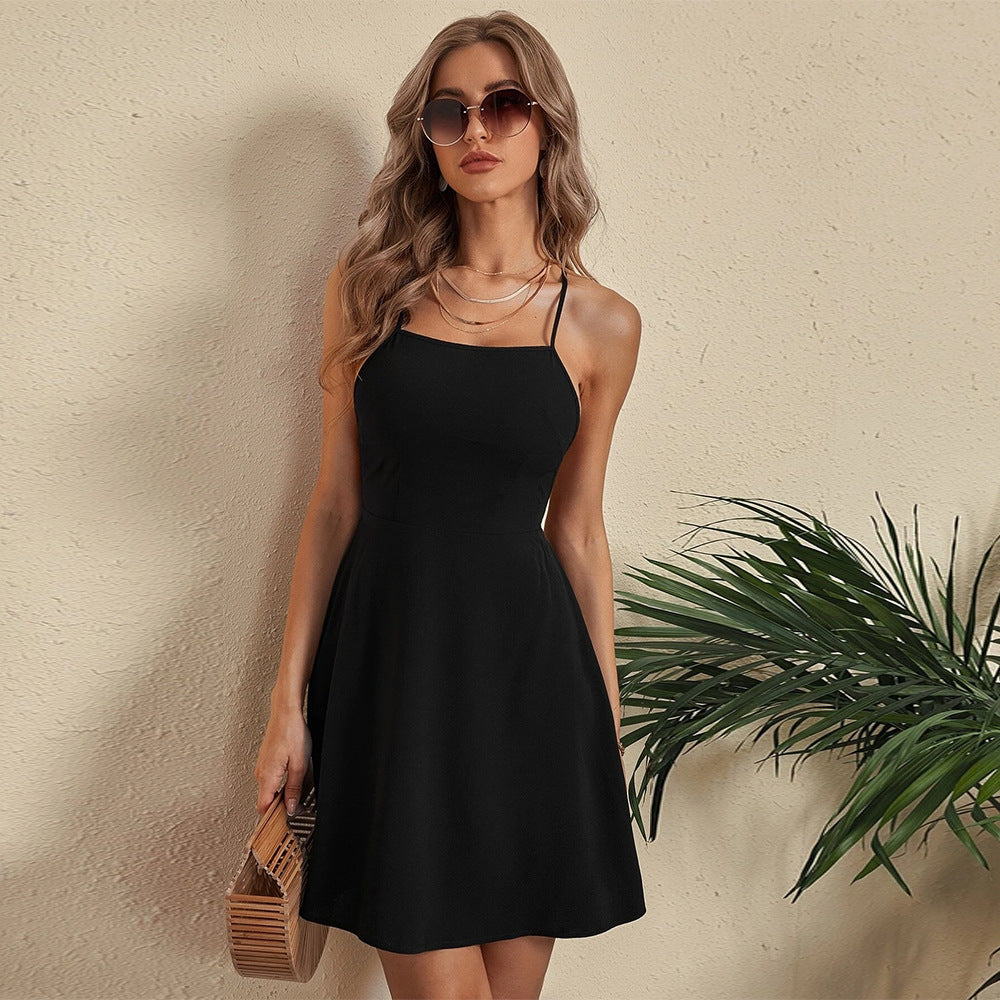 Black Halter Neck Back Tie-Up Dress