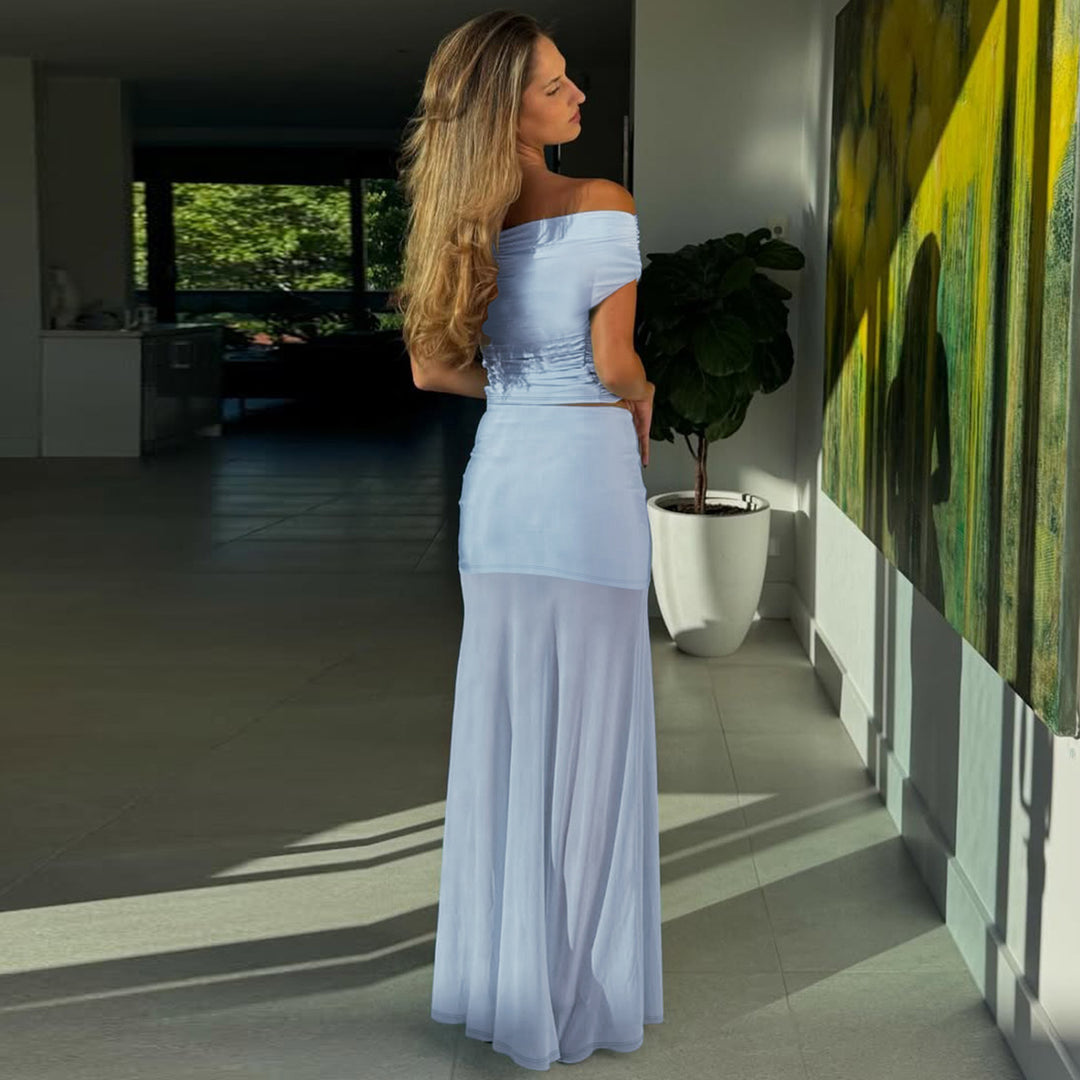 Blue Off-Shoulder Top With Mech Skirt Co-Ord Set