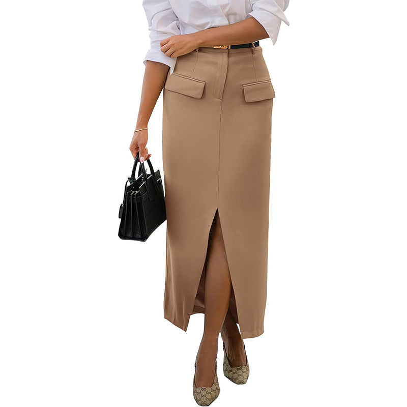Khaki Pencil Fit Skirt With Cargo Pockets