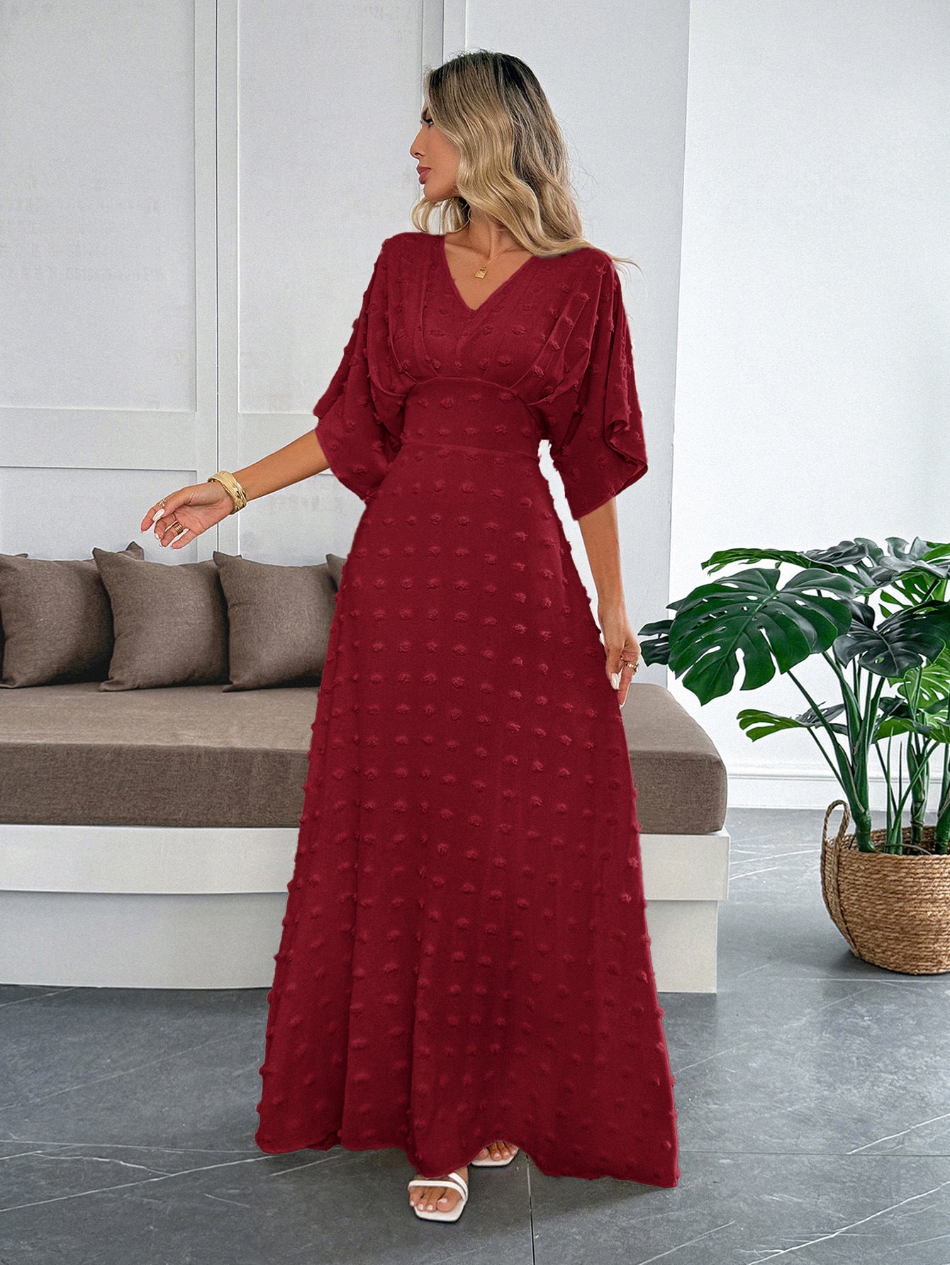Wine Flare Sleeve V Neck Dress