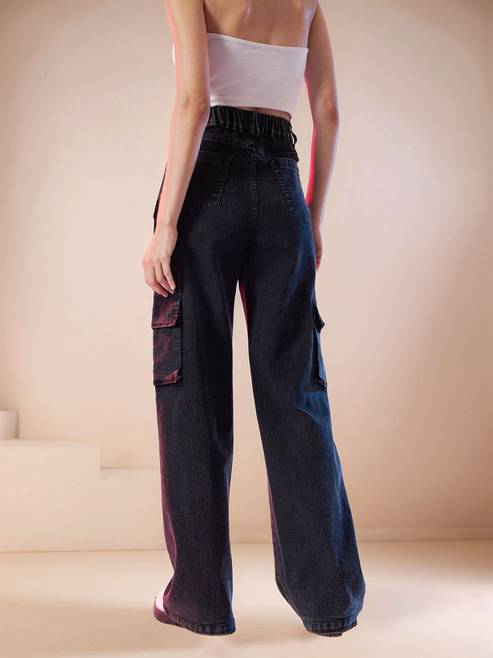 Black High Waist Cargo Pockets Jeans