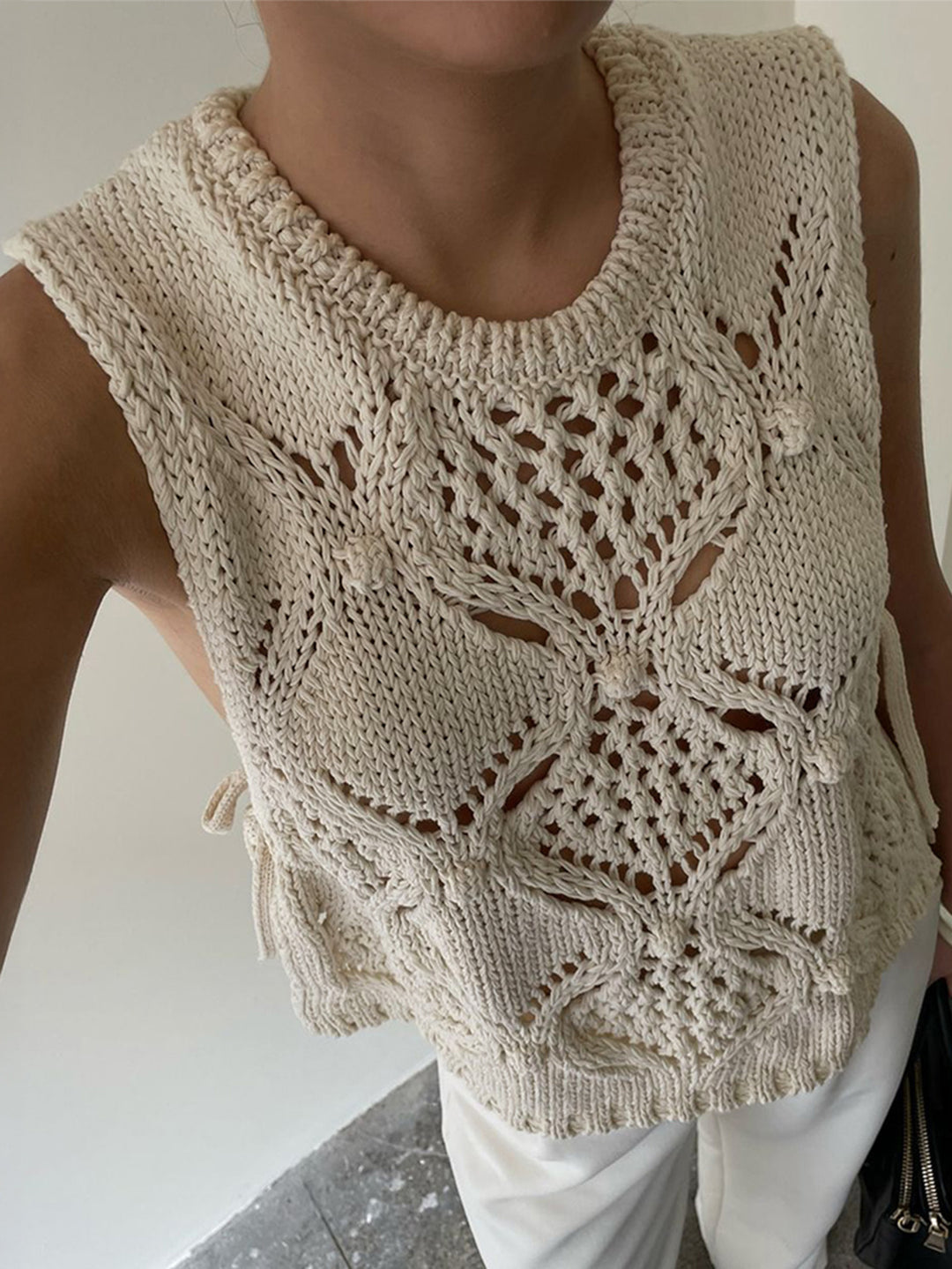 Cream Half Sleeved Crochet Knit Top