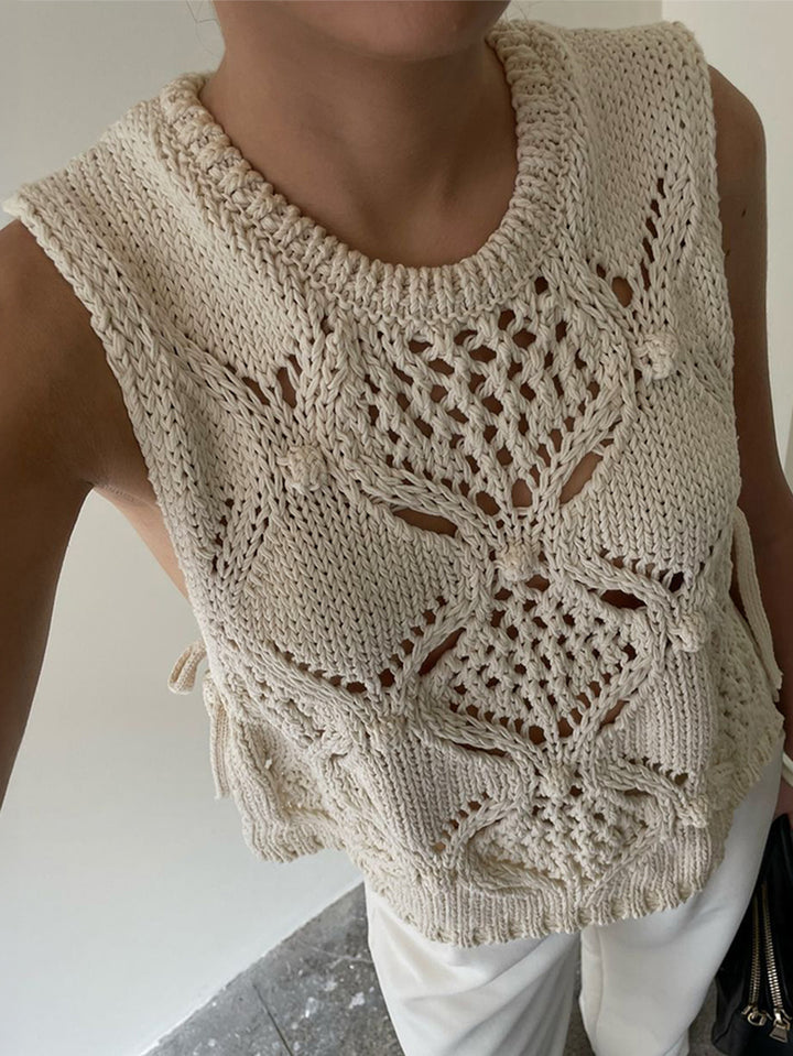 Cream Half Sleeved Crochet Knit Top