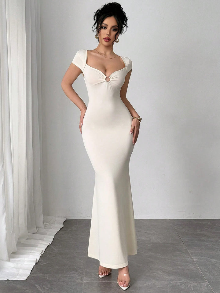 Beige Short Sleeve Metal Attached Dress