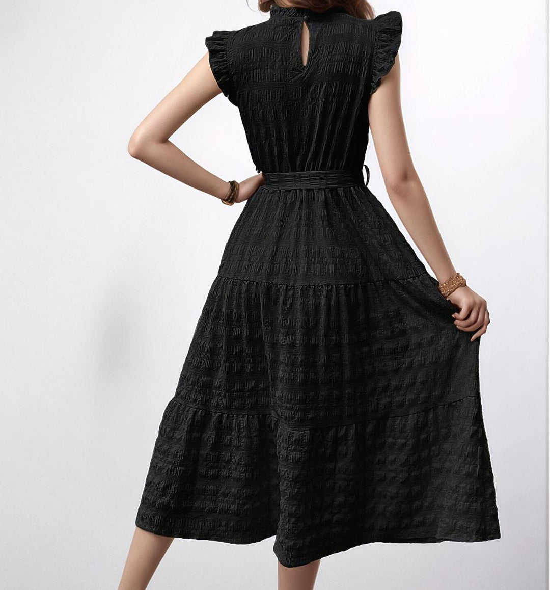 Black Short Ruffle Sleeve Mock Neck Dress