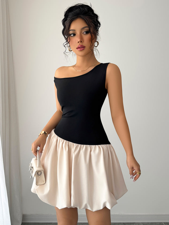 Black One Shoulder Colour Block Dress