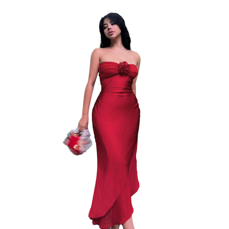 Red Tube Dress With A Rosette Detail