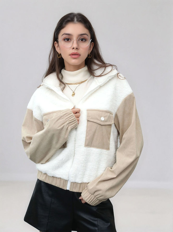 White Full Sleeve Contrast Panel Double Pocket Jacket