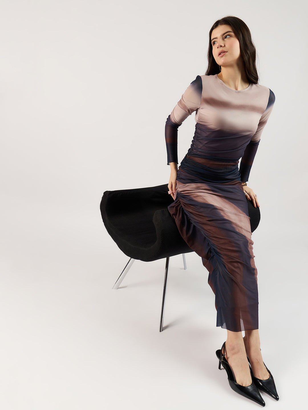 Brown Digital Print Mesh Maxi Dress
