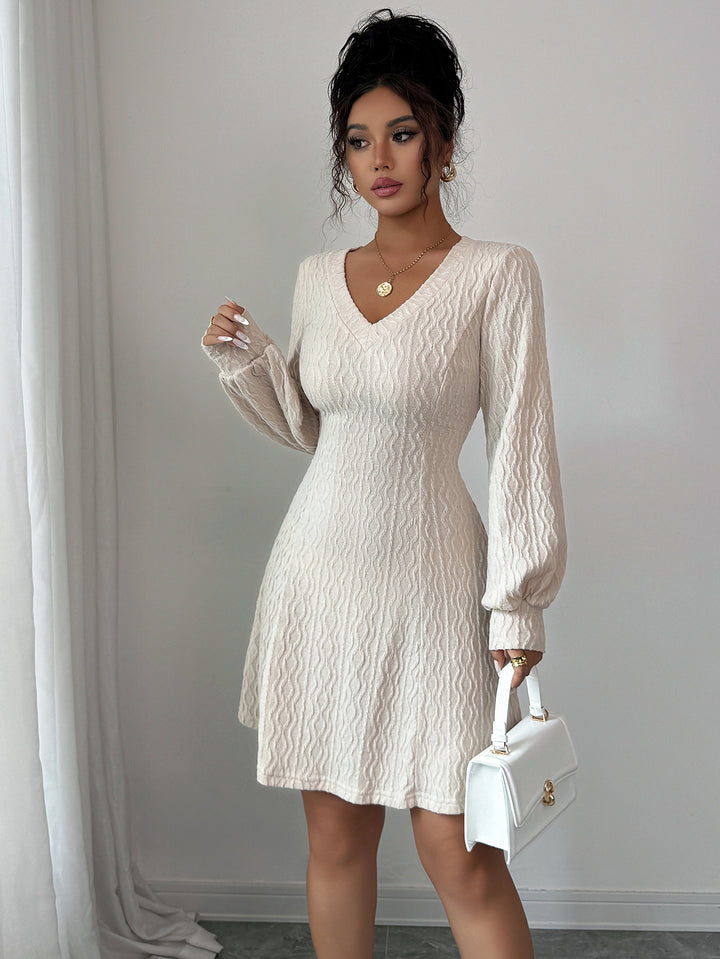 White Textured V Neck Mini Dress
