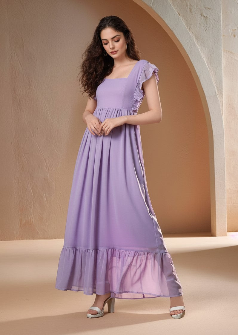 Lavender Ruffle Sleeve Back Tie-Up Printed Dress