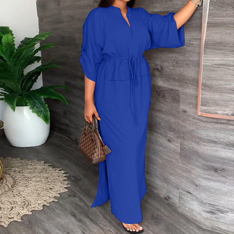 Blue Mandarin Collared Waist Cinched Dress