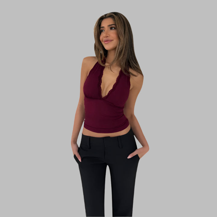 Red Halter Neck Low V Neck Fitted Top