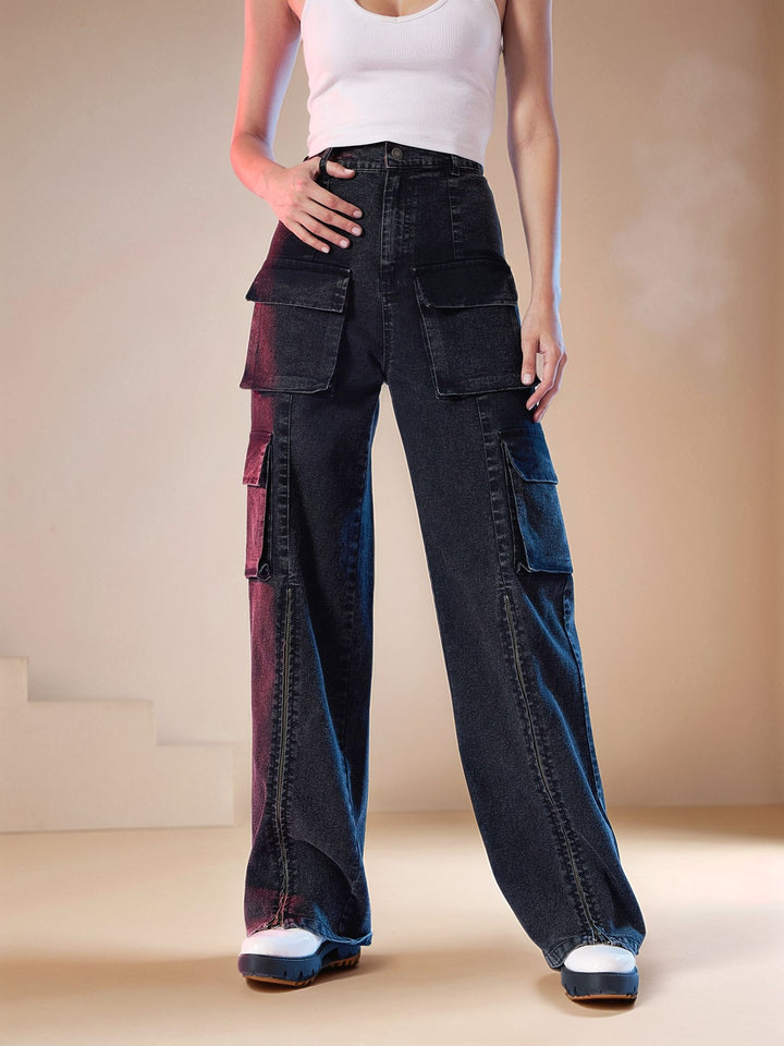 Black High Waist Cargo Pockets Jeans