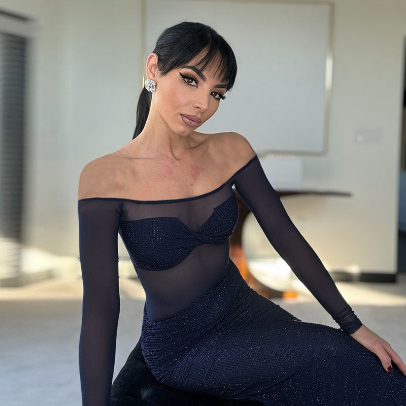 Blue Off-Shoulder Sheer Mesh Dress